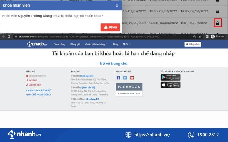 Bước 6: Xoá hoặc khóa tài khoản nhân viên