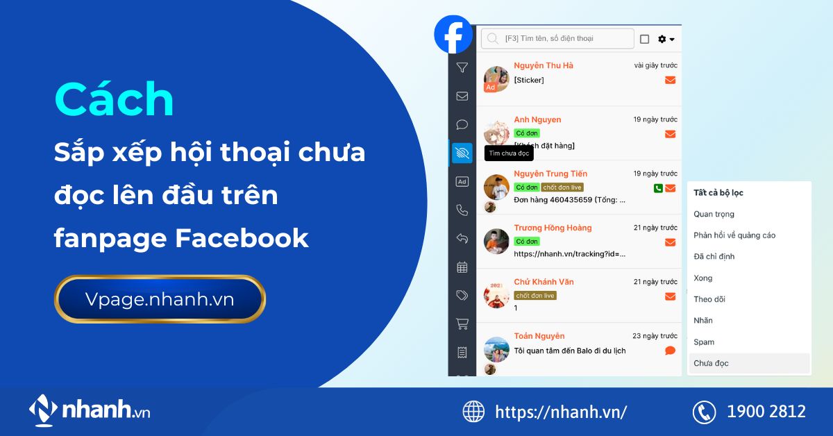 Cách sắp xếp hội thoại chưa đọc lên đầu trên fanpage Facebook