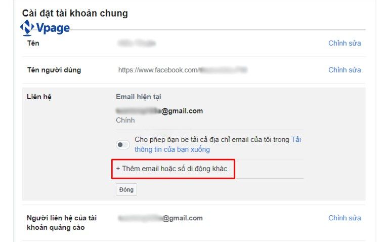 Thêm email hoặc số di động khác