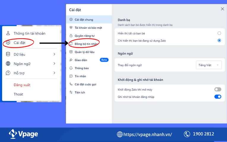 Nhấn vào biểu tượng Cài đặt >> Chọn mục Cài đặt >> Đồng bộ tin nhắn