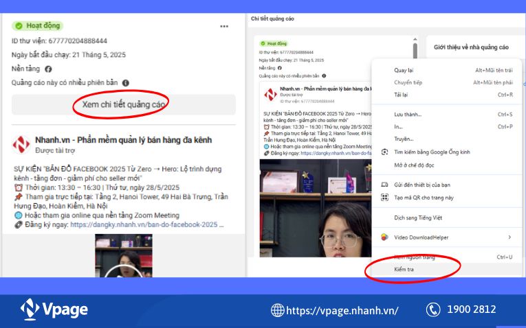 Có một giao diện chứa bài quảng cáo có video, bên cạnh là giao diện “Giới thiệu về nhà quảng cáo”, bấm chuột phải chọn “Kiểm tra”