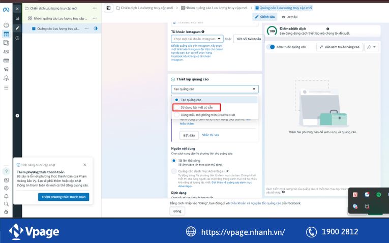 Tạo bài viết mới và cập nhật lại trong Ads Manager (Khuyến nghị)