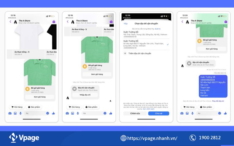 Tin nhắn Giỏ hàng được gửi cho fanpage > Vpage tự động gửi tin xin thông tin số điện thoại, địa chỉ của khách hàng > người dùng chia sẻ thông tin 