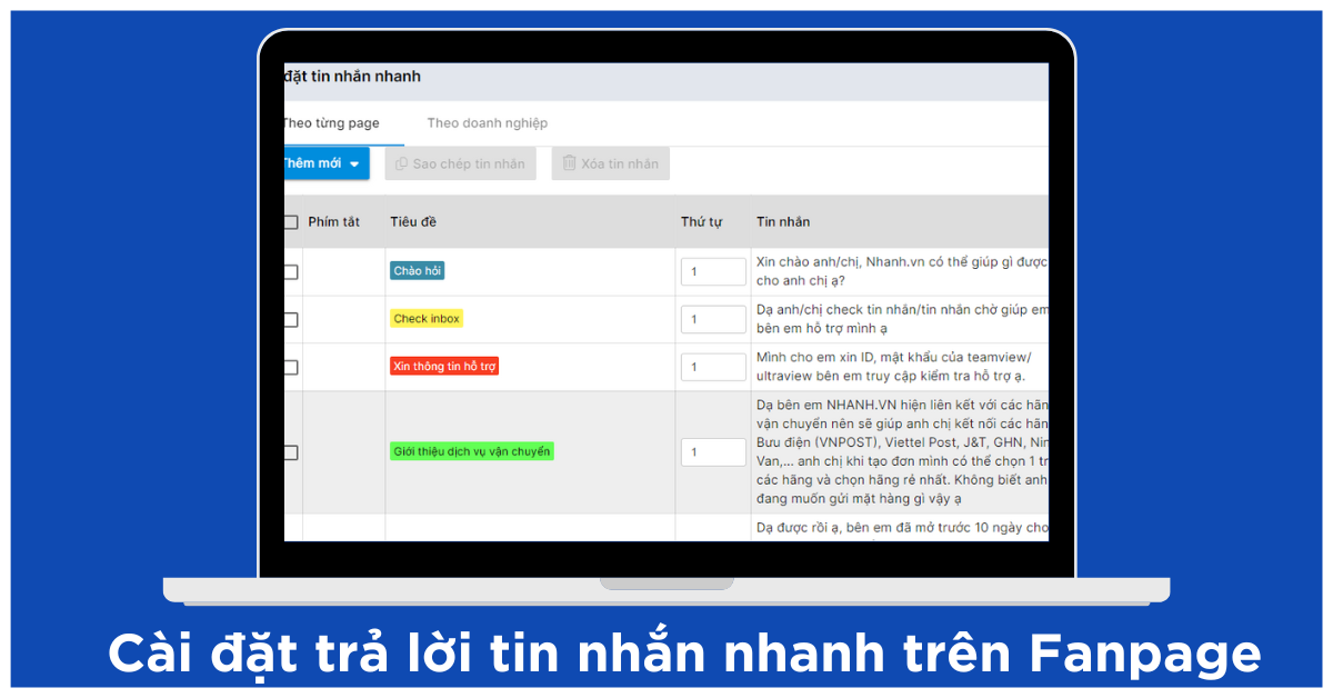 Cài đặt trả lời tin nhắn nhanh trên Fanpage Facebook