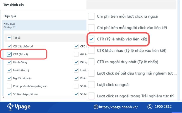 Chọn chỉ số CTR bạn muốn xem