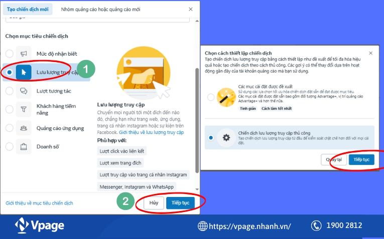 Chọn mục tiêu chiến dịch > Nhấn "Tiếp tục"