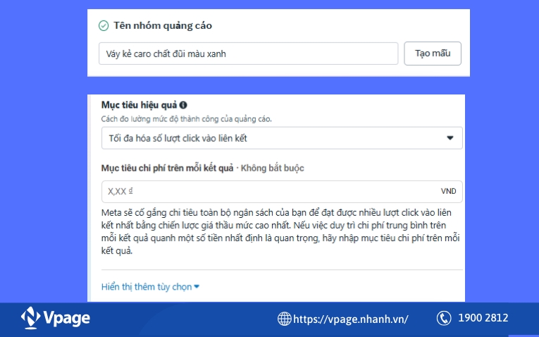 Đặt tên nhóm quảng cáo > Chọn mục tiêu hiệu quả > Chọn giá thầu (nếu có)