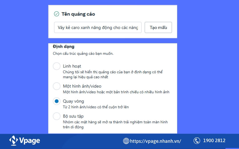 Đặt tên quảng cáo, Chọn định dạng "Quay vòng"