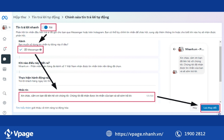 Cài đặt trả lời tin nhắn nhanh trên Fanpage Facebook