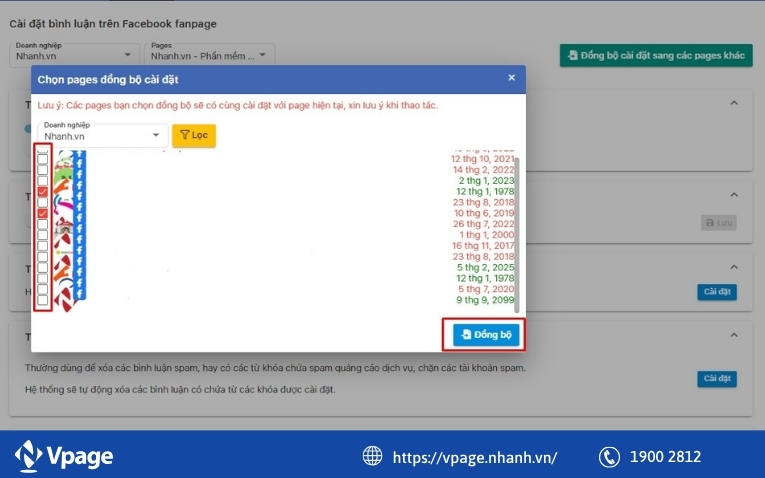 Đồng bộ cài đặt sang Fanpage khác