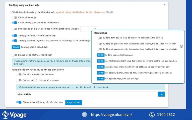 Cài đặt tính năng ẩn bình luận chứa số điện thoại trên phần mềm Vpage