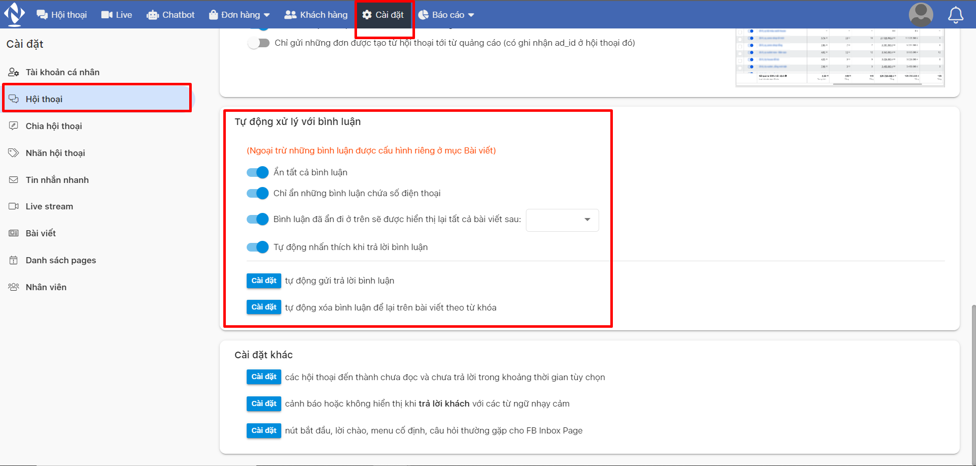 Quản lý comment livestream