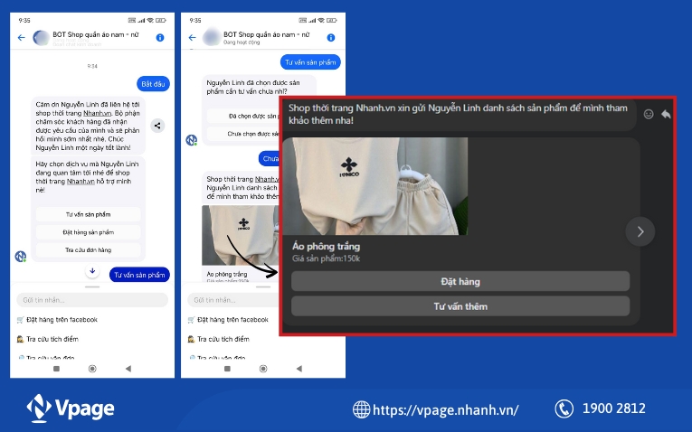 Kịch bản Chatbot của Vpage có thể gợi ý sản phẩm cho khách hàng