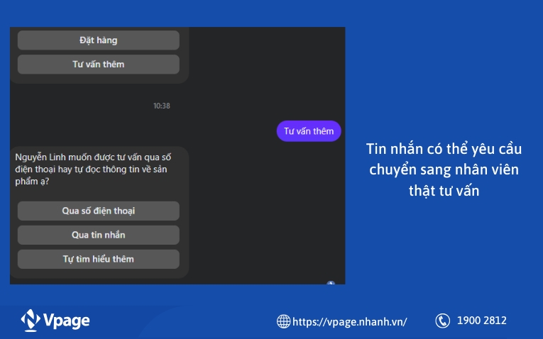 Tin nhắn có thể yêu cầu chuyển sang nhân viên thật tư vấn