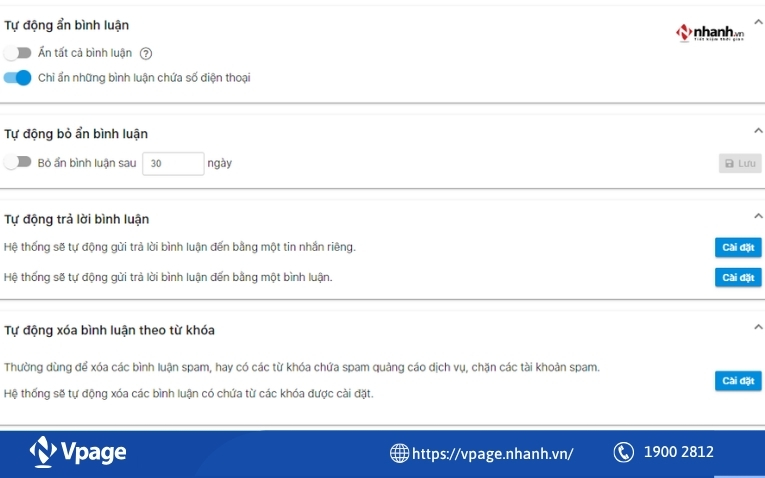 Cài đặt ẩn bình luận trên Phần mềm quản lý chat đa kênh Vpage