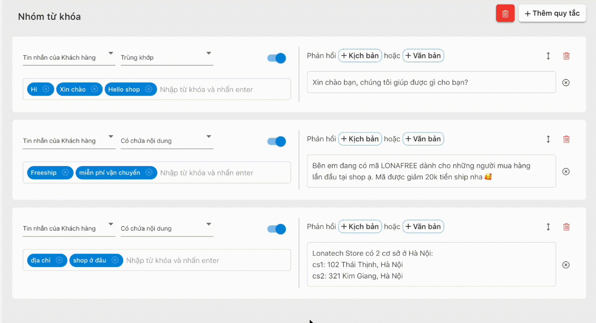 Chat bot trả lời theo từ khóa của Vpage