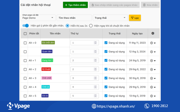 Cài đặt gán nhãn hội thoại trên phần mềm Vpage