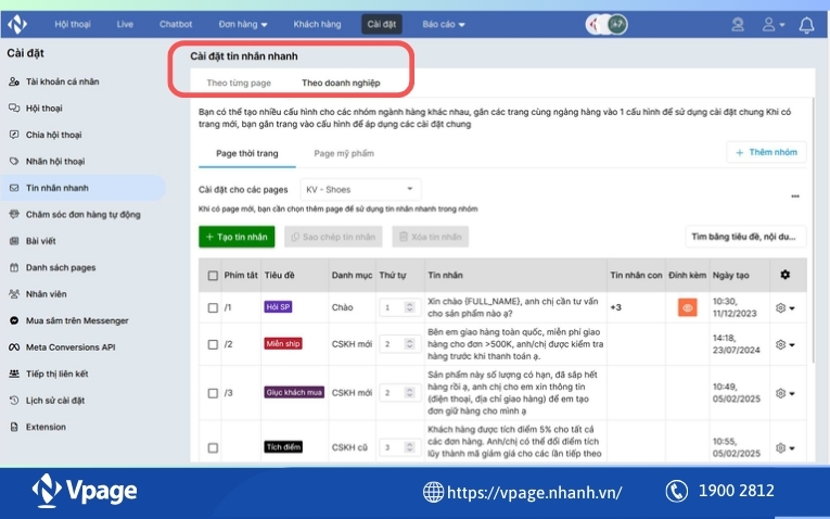 Giao diện cài đặt tin nhắn nhanh theo doanh nghiệp