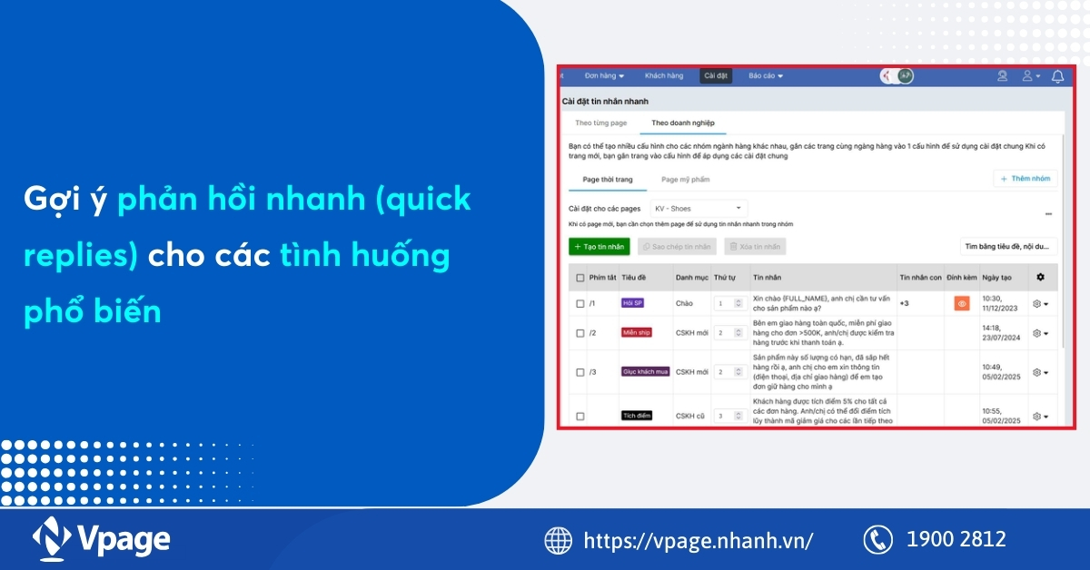 Gợi ý phản hồi nhanh (quick replies) cho các tình huống phổ biến