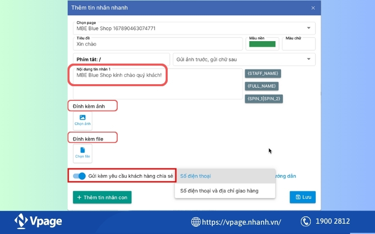 Các thông tin nhà bán hàng điền khi tạo tin nhắn nhanh 