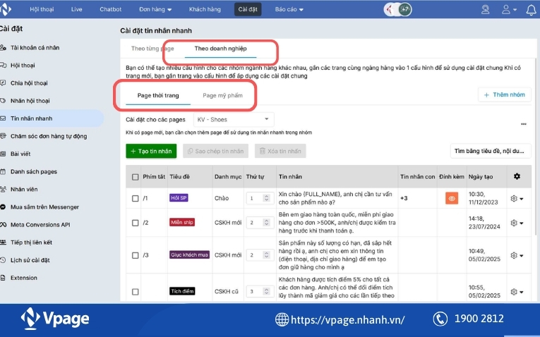 Vpage hỗ trợ tạo tin nhắn phản hồi nhanh theo từng ngành hàng 