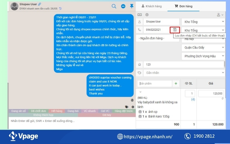 Nhân viên có thể tạo đơn thủ công với khách hàng trên Vpage