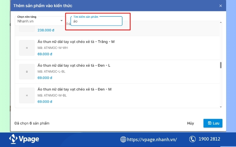 Tính năng thêm sản phẩm để AI lưu trữ của phần mềm Vpage