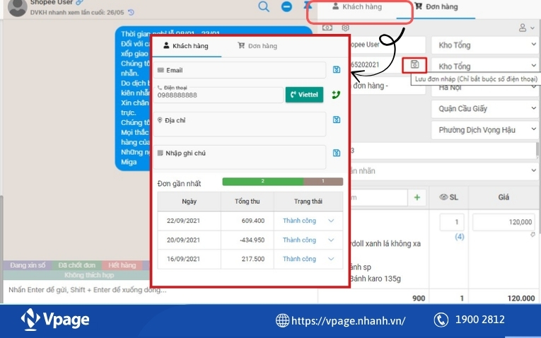 Tính năng tự động lưu email/SĐT của phần mềm Vpage