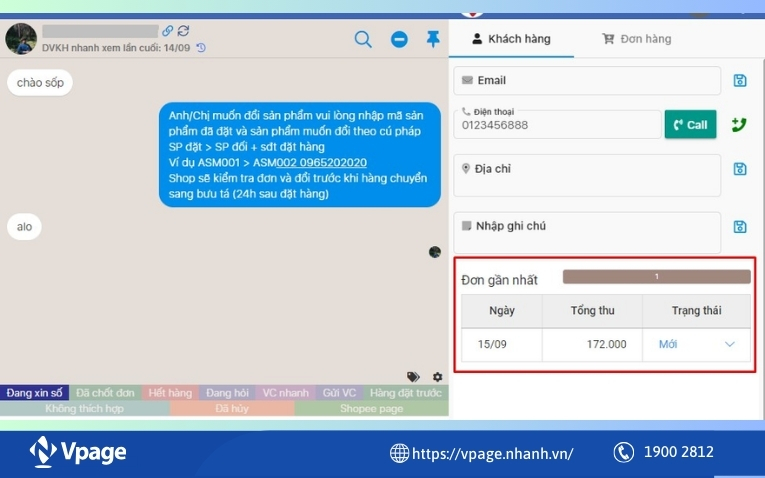 Vpage hỗ trợ lưu lại lịch sử những đơn hàng gần nhất của khách hàng