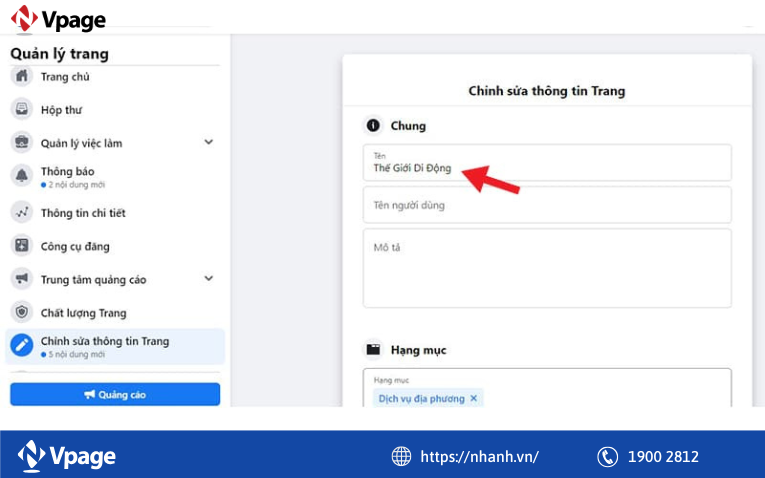 Chọn tên Fanpage Facebook
