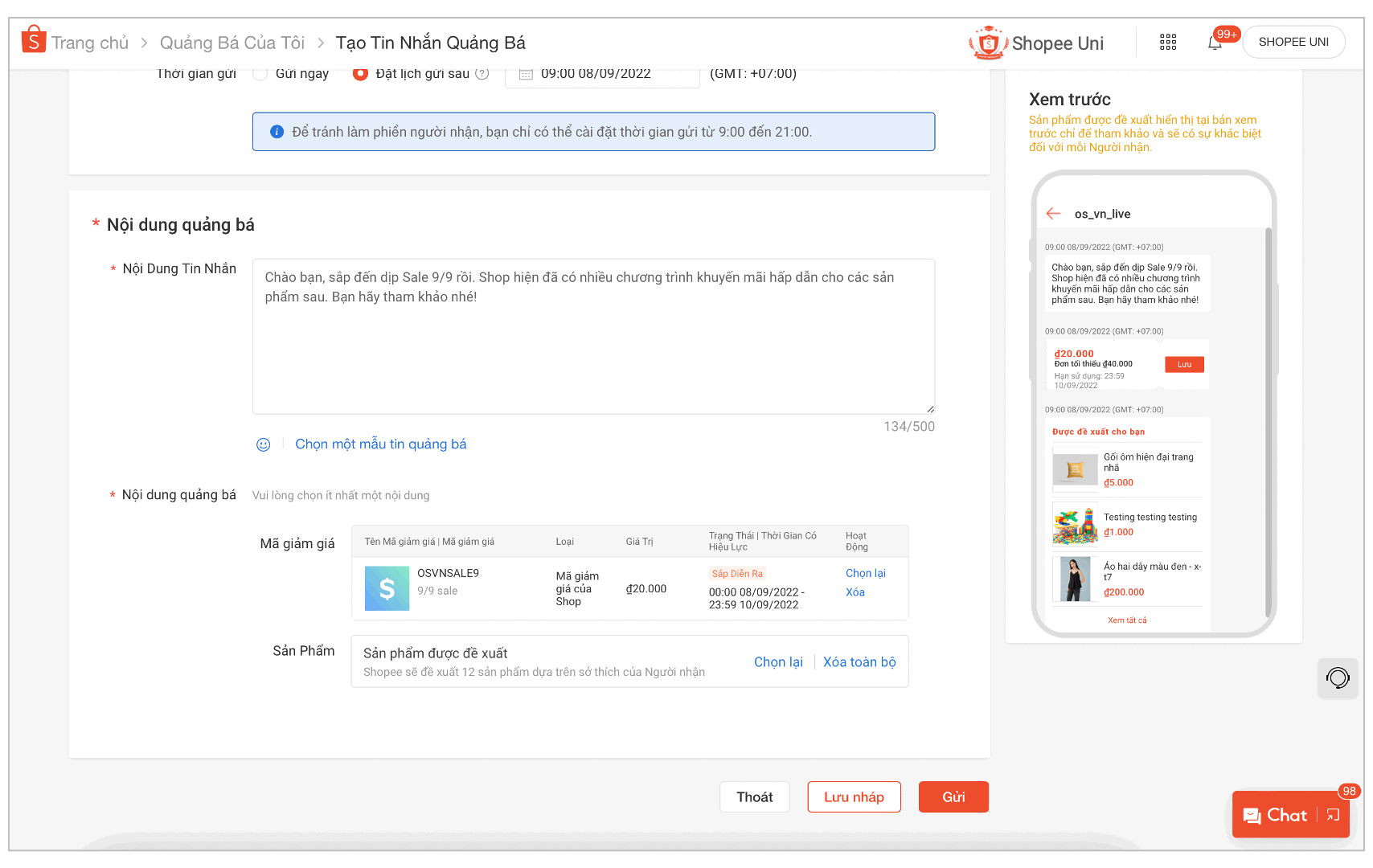 Tạo tin nhắn quảng bá Shopee