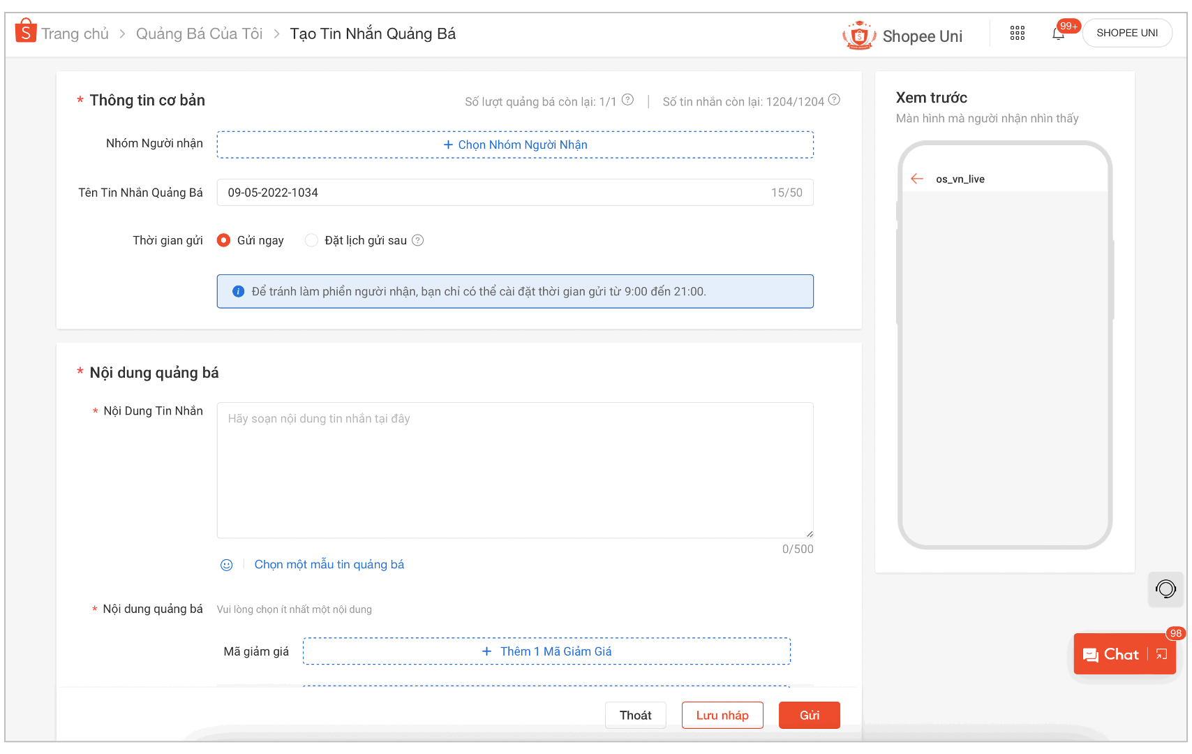Tạo tin nhắn quảng bá Shopee