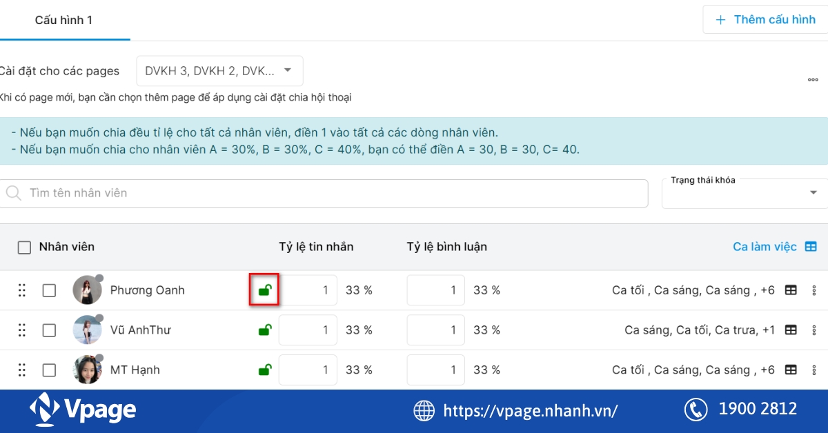 Tính năng chia hội thoại cho nhân viên trên Vpage