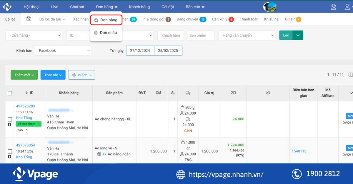 Đơn hàng của Vpage có thể đồng bộ sang phần mềm quản lý bán hàng Nhanh.vn
