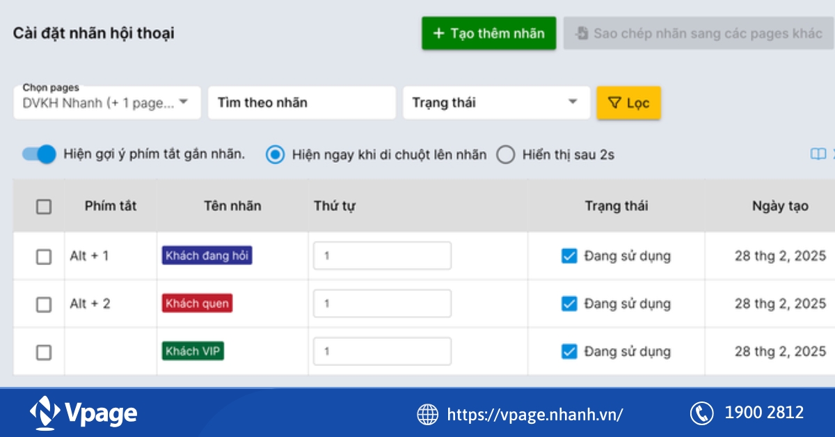 Tính năng cài đặt nhãn hội thoại trên Vpage