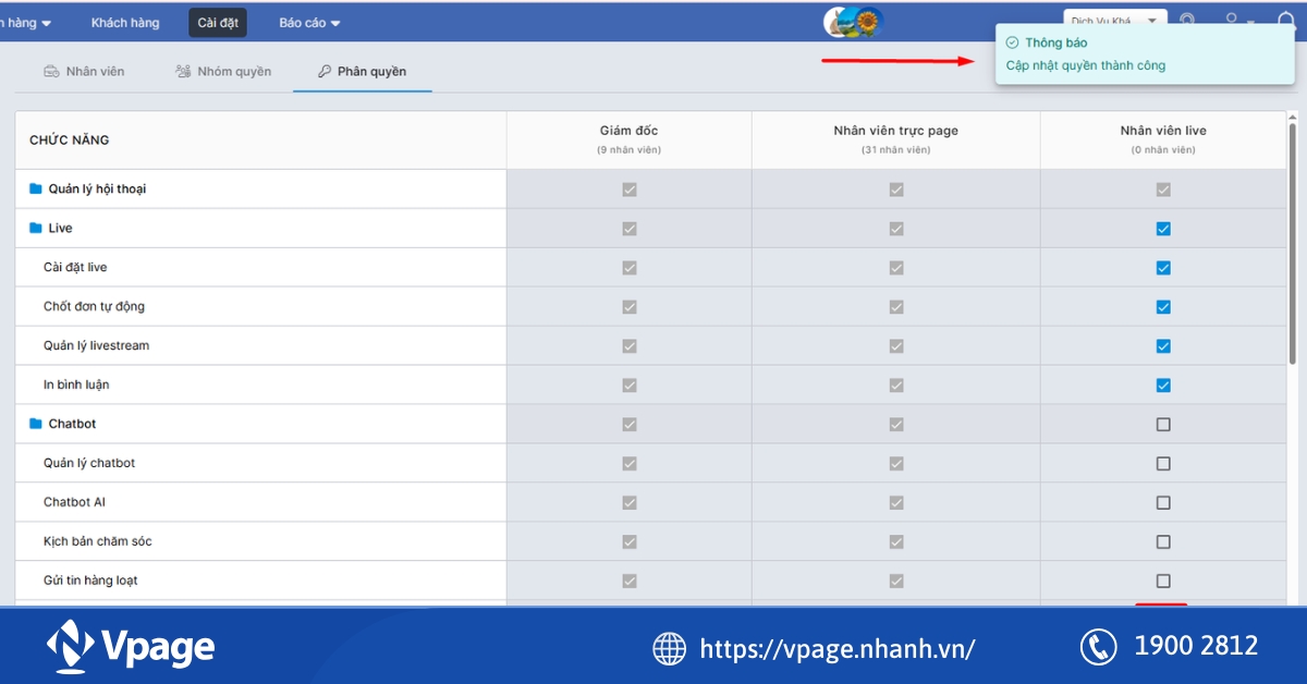 Tính năng phân quyền nhân viên trên  Vpage