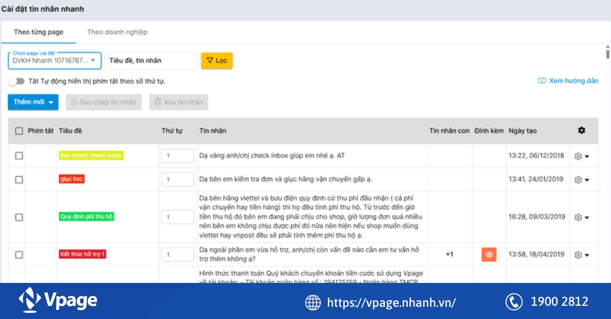Tính năng cài đặt tin nhắn nhanh của Vpage