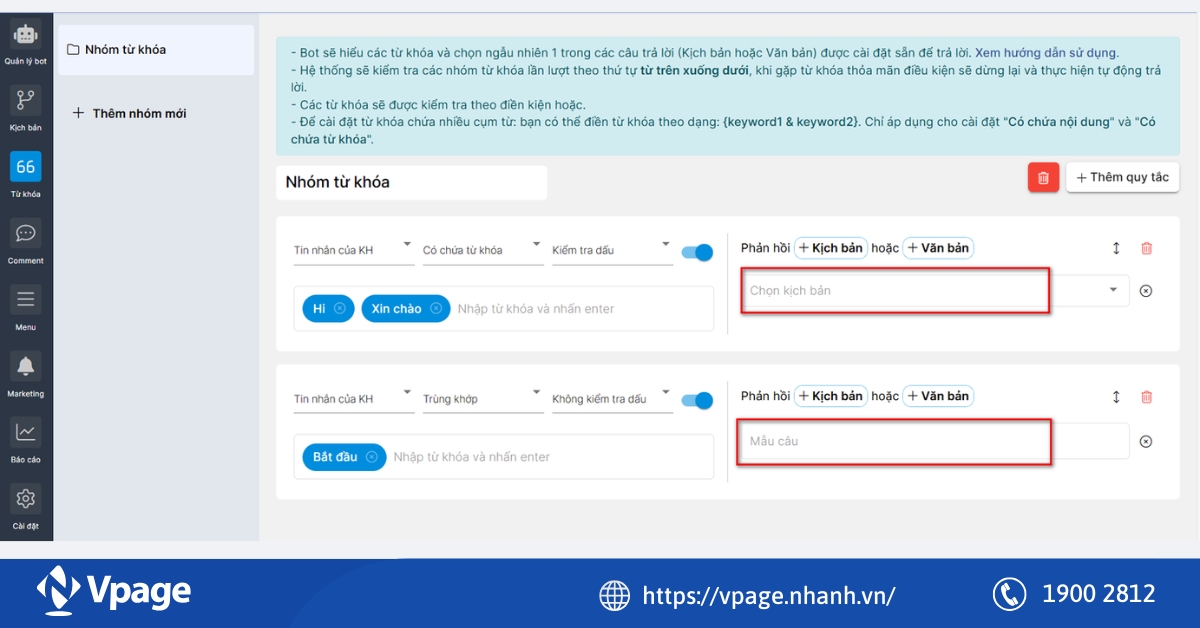 Tạo Chatbot trả lời tự động cho Fanpage theo từ khóa trên Vpage