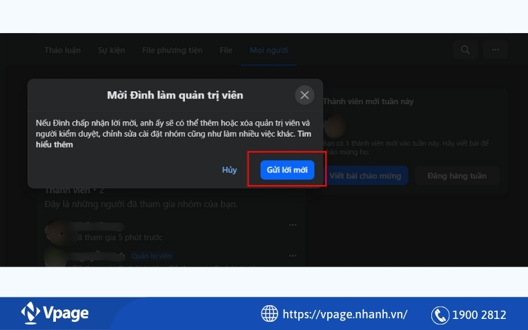 Gửi lời mời làm quản trị viên trong nhóm cho thành viên 