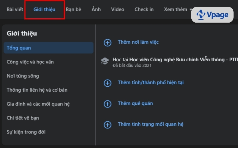 Chọn Giới thiệu để xem tất cả thông tin mà bạn đã cung cấp.
