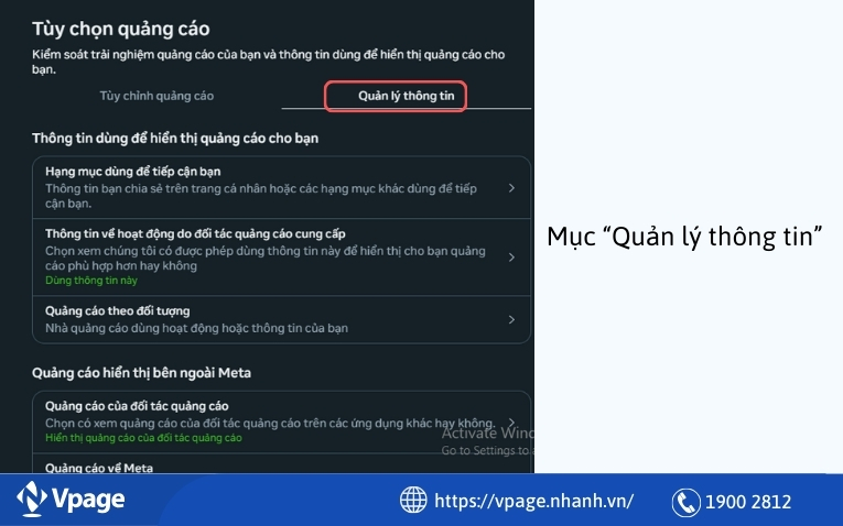 Mục "Quản lý thông tin" trên "Tùy chọn quảng cáo" 