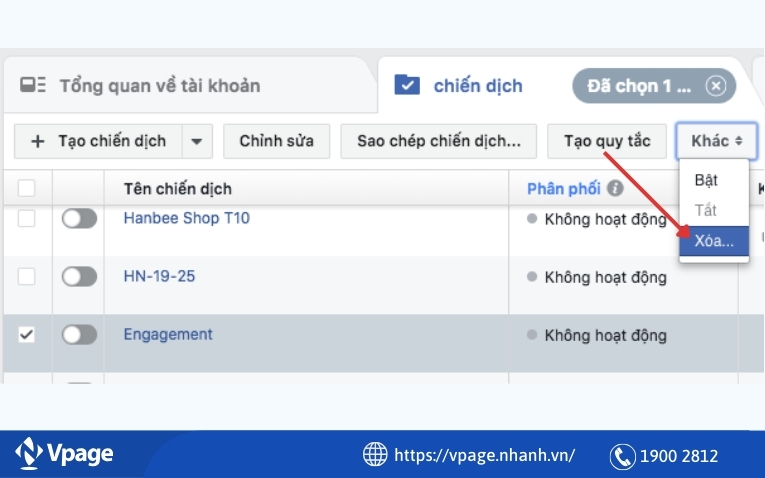 Xóa chiến dịch quảng cáo trên Trình quản lý quảng cáo 