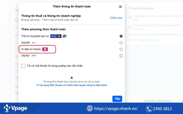Giao diện chọn Phương thức thanh toán