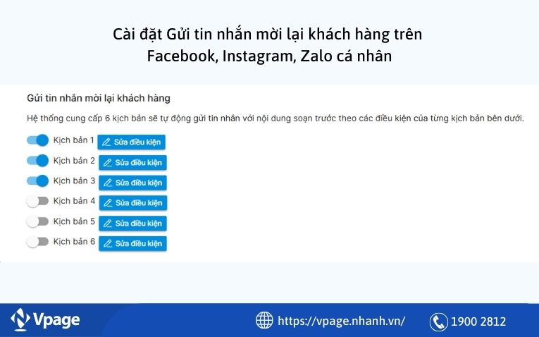 Cài đặt tin nhắn mời lại khách hàng trên Vpage