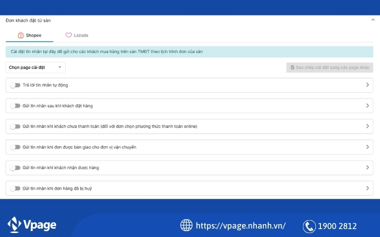 Cài đặt trả lời tin nhắn tự động Shopee trên Vpage