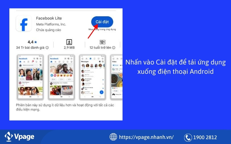 Nhấn vào Cài đặt để tải ứng dụng xuống điện thoại Android