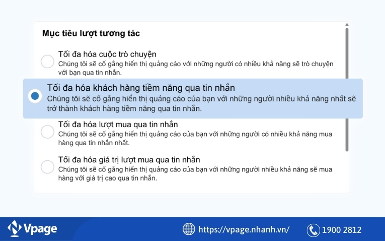 Tính năng Tối đa hóa khách hàng tiềm năng qua tin nhắn được tích hợp trên Vpage