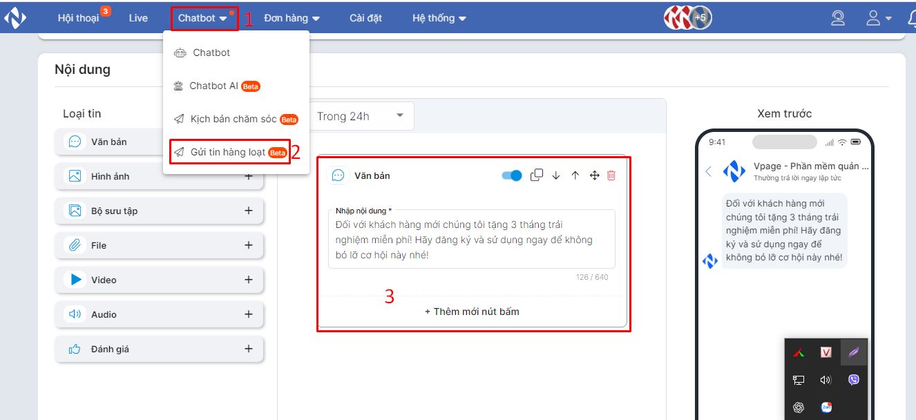 Tính năng gửi tin nhắn hàng loạt trên Fanpage của phần mềm Vpage