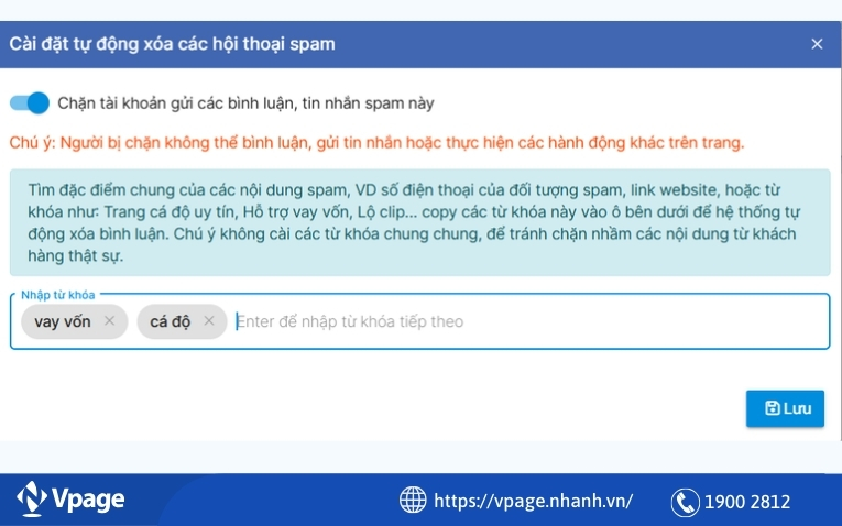 Cài đặt tự động xóa các hội thoại spam 