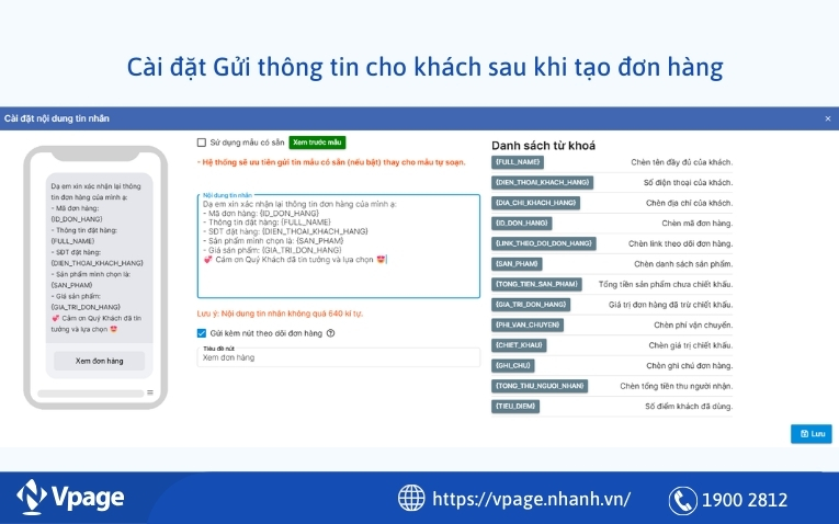 Cài đặt Gửi thông tin cho khách sau khi tạo đơn hàng